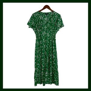 Max Edition Green Floral Retro Midi Dress Flutter Sleeve Smocked Waist Size M